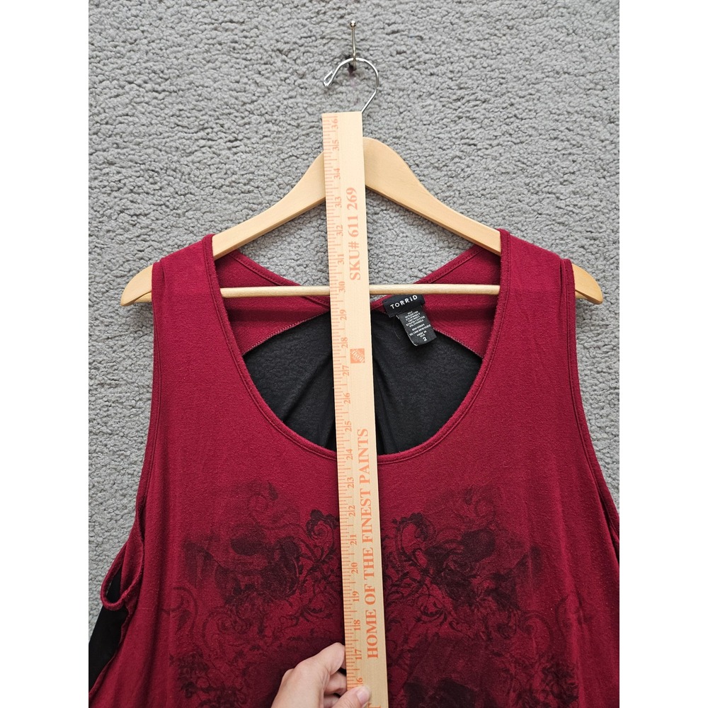 Torrid Tank Top 2 Burgundy Black Skull Graphic Mesh Keyhole Back Goth Grunge - Picture 5 of 6